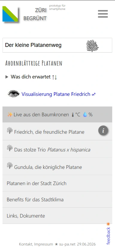 Die «Züri begrünt» Web-App; oben Visualisierung Platane Friedrich; unten: verschiedene Sektoren zu den Stationen des Platanenwegs