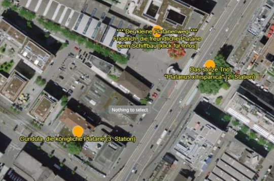 Luftbild mit den drei Stationen des kleinen Platanenwegs beim Escher-Wyss-Platz.